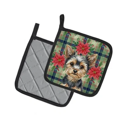 Caroline's Treasures Black And Tan Yorkshire Terrier Christmas Poinsettas Pair Of Pot Holders In Green