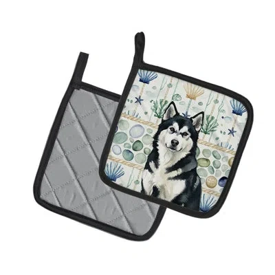 Caroline's Treasures Black And White Alaskan Malamute Coastal Sea Glass Pair Of Pot Holders In Multicolor