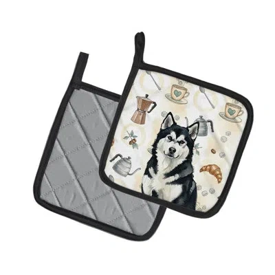 Caroline's Treasures Black And White Alaskan Malamute Coffee Bar Pair Of Pot Holders In Multicolor