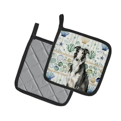Caroline's Treasures Black And White Borzoi Coastal Sea Glass Pair Of Pot Holders In Multicolor