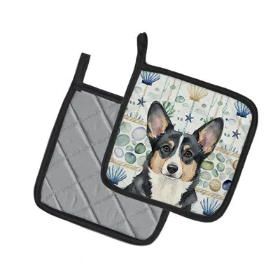 Caroline's Treasures Black And White Cardigan Welsh Corgi Coastal Sea Glass Pair Of Pot Holders In Multicolor