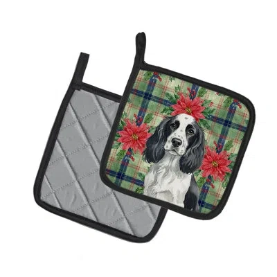 Caroline's Treasures Black And White English Springer Spaniel Christmas Poinsettas Pair Of Pot Holders In Multicolor