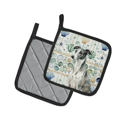 Caroline's Treasures Black And White Greyhound Coastal Sea Glass Pair Of Pot Holders In Multicolor