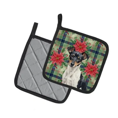 Caroline's Treasures Black And White Rat Terrier Christmas Poinsettas Pair Of Pot Holders In Multi
