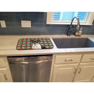 Caroline's Treasures Black And White Rat Terrier Christmas Poinsettias Dish Drying Mat In Natural