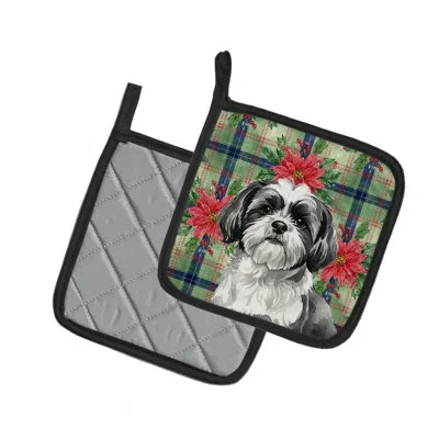 Caroline's Treasures Black And White Shih Tzu Christmas Poinsettas Pair Of Pot Holders In Multicolor