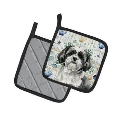 Caroline's Treasures Black And White Shih Tzu Coastal Sea Glass Pair Of Pot Holders In Multicolor