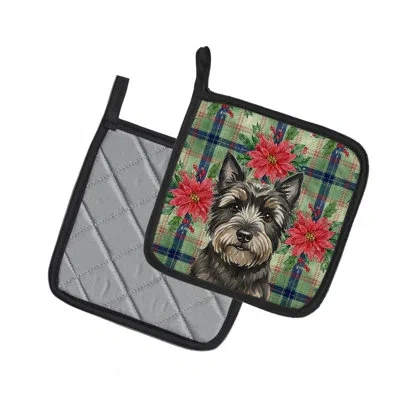 Caroline's Treasures Black Cairn Terrier Christmas Poinsettas Pair Of Pot Holders In Multi