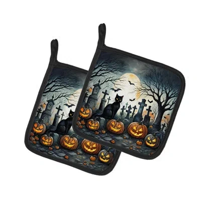 Caroline's Treasures Black Cat Spooky Halloween Pair Of Pot Holders In Multicolor