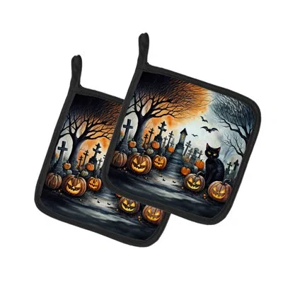 Caroline's Treasures Black Cat Spooky Halloween Pair Of Pot Holders In Multicolor