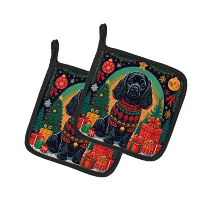 Caroline's Treasures Black Cocker Spaniel Christmas Pair Of Pot Holders In Multicolor