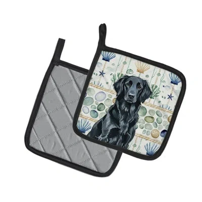 Caroline's Treasures Black Flat-coated Retriever Coastal Sea Glass Pair Of Pot Holders In Multicolor