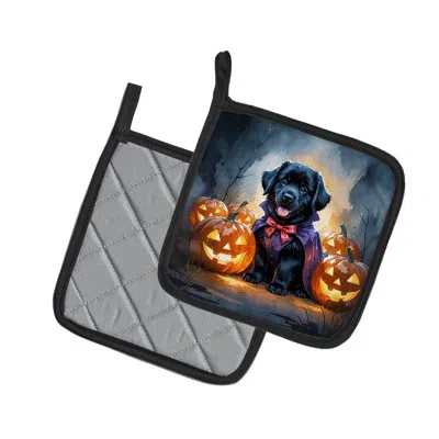 Caroline's Treasures Black Newfoundland Puppy Halloween Pair Of Pot Holders In Multi