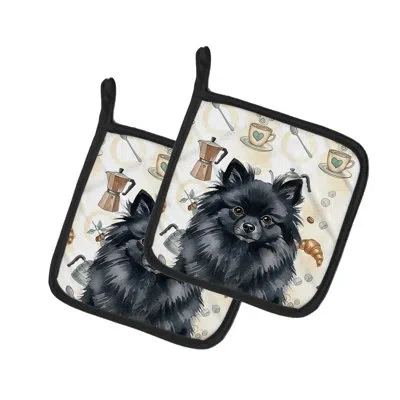 Caroline's Treasures Black Pomeranian Coffee Bar Pair Of Pot Holders In Multicolor