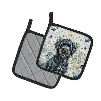 Caroline's Treasures Black Portuguese Water Dog Coastal Sea Glass Pair Of Pot Holders In Multicolor