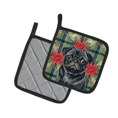 Caroline's Treasures Black Pug Christmas Poinsettas Pair Of Pot Holders In Multi