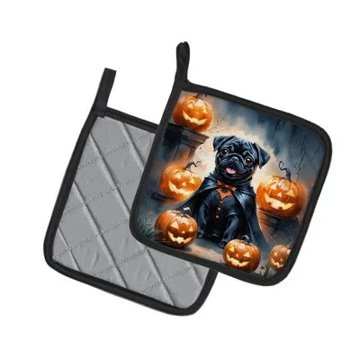 Caroline's Treasures Black Pug Puppy Halloween Pair Of Pot Holders In Multicolor