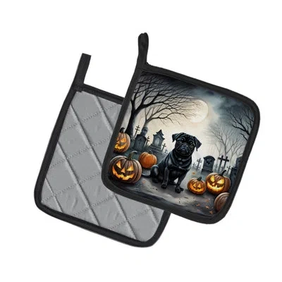 Caroline's Treasures Black Pug Spooky Halloween Pair Of Pot Holders In Multicolor