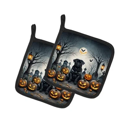 Caroline's Treasures Black Pug Spooky Halloween Pair Of Pot Holders In Multicolor