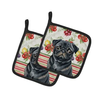 Caroline's Treasures Black Pug Vegetables Pair Of Pot Holders In Multicolor