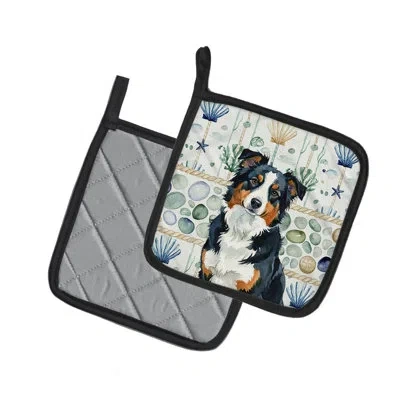 Caroline's Treasures Black Tri American Shepherd Coastal Sea Glass Pair Of Pot Holders In Multicolor