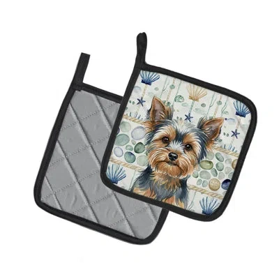 Caroline's Treasures Blue And Tan Yorkshire Terrier Coastal Sea Glass Pair Of Pot Holders In Multicolor