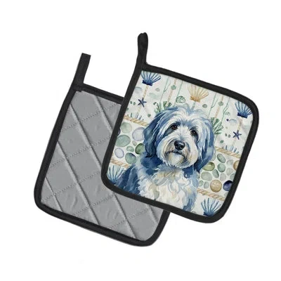 Caroline's Treasures Blue And White Old English Sheepdog Coastal Sea Glass Pair Of Pot Holders In Multicolor
