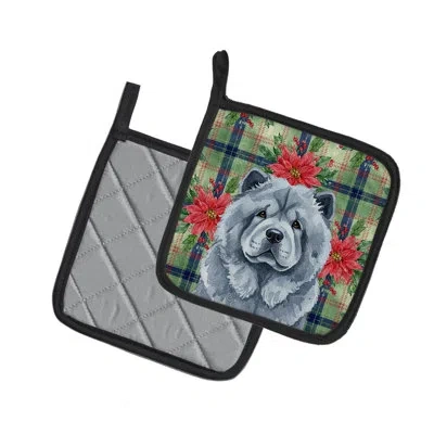 Caroline's Treasures Blue Chow Chow Christmas Poinsettas Pair Of Pot Holders In Multi