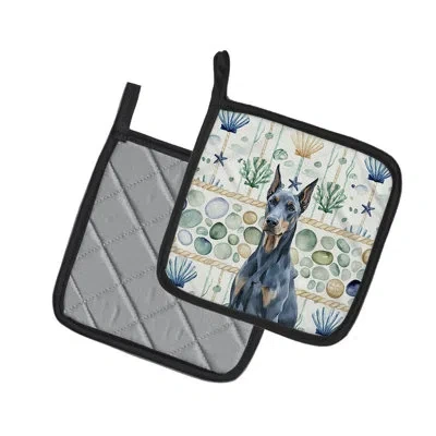 Caroline's Treasures Blue Doberman Pinscher Coastal Sea Glass Pair Of Pot Holders In Multicolor
