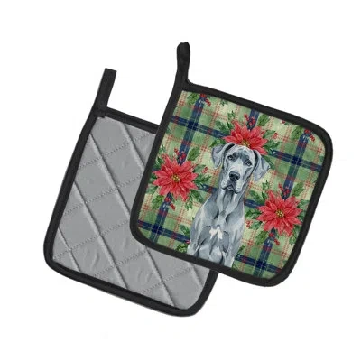 Caroline's Treasures Blue Great Dane Christmas Poinsettas Pair Of Pot Holders In Multicolor