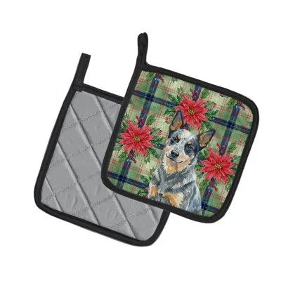 Caroline's Treasures Blue Heeler Australian Cattle Dog Christmas Poinsettas Pair Of Pot Holders In Multi