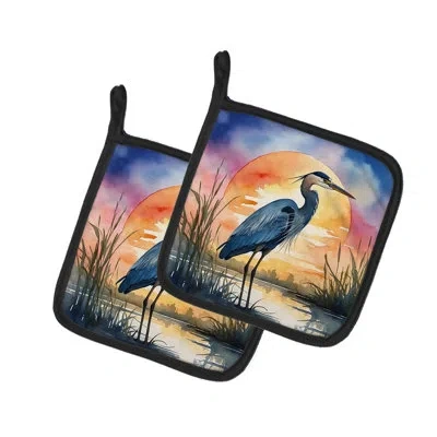 Caroline's Treasures Blue Heron Setting Sun Pair Of Pot Holders In Multicolor