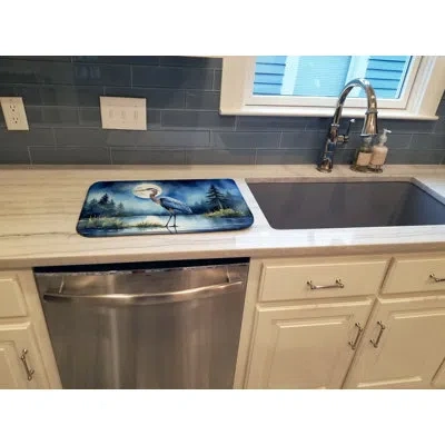 Caroline's Treasures Blue Heron Under The Moonlight Dish Drying Mat In Natural