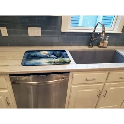 Caroline's Treasures Blue Heron Under The Moonlight Dish Drying Mat In Natural