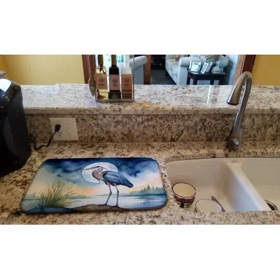 Caroline's Treasures Blue Heron Under The Moonlight Dish Drying Mat In Natural