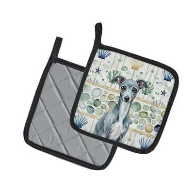 Caroline's Treasures Blue Italian Greyhound Coastal Sea Glass Pair Of Pot Holders In Multicolor