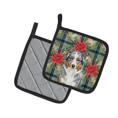 Caroline's Treasures Blue Merle American Shepherd Christmas Poinsettas Pair Of Pot Holders In Multi