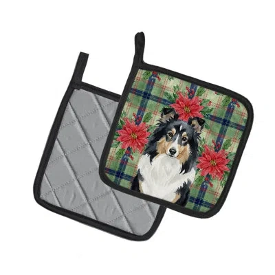 Caroline's Treasures Blue Merle Sheltie Christmas Poinsettas Pair Of Pot Holders In Multi