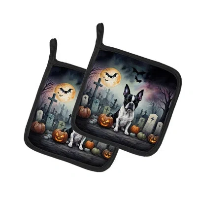 Caroline's Treasures Boston Terrier Spooky Halloween Pair Of Pot Holders In Multicolor
