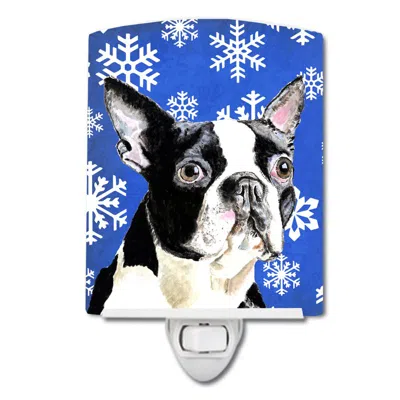 Caroline's Treasures Boston Terrier Winter Snowflakes Holiday Ceramic Night Light In Blue