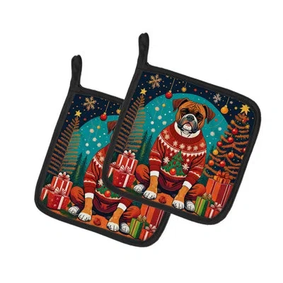 Caroline's Treasures Boxer Christmas Pair Of Pot Holders In Multicolor
