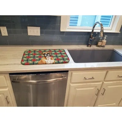 Caroline's Treasures Boxer Christmas Poinsettias Dish Drying Mat In Natural