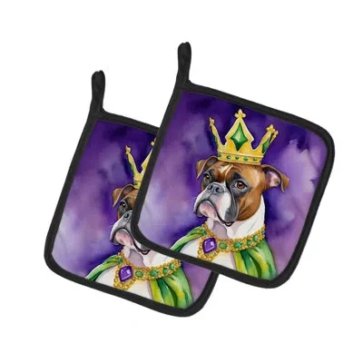 Caroline's Treasures Boxer King Of Mardi Gras Pair Of Pot Holders In Multicolor