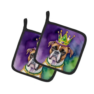 Caroline's Treasures Boxer King Of Mardi Gras Pair Of Pot Holders In Multicolor