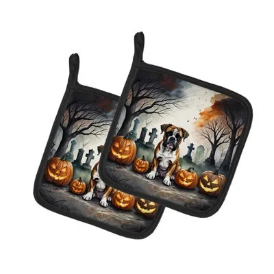 Caroline's Treasures Boxer Spooky Halloween Pair Of Pot Holders In Multicolor