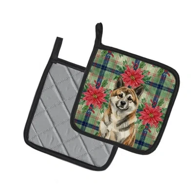 Caroline's Treasures Brindle Akita Christmas Poinsettas Pair Of Pot Holders In Multi