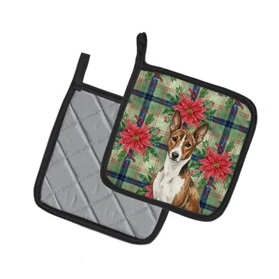 Caroline's Treasures Brindle And White Basenji Christmas Poinsettas Pair Of Pot Holders In Brown,white
