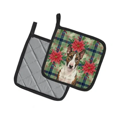 Caroline's Treasures Brindle And White Bull Terrier Christmas Poinsettas Pair Of Pot Holders In Multi
