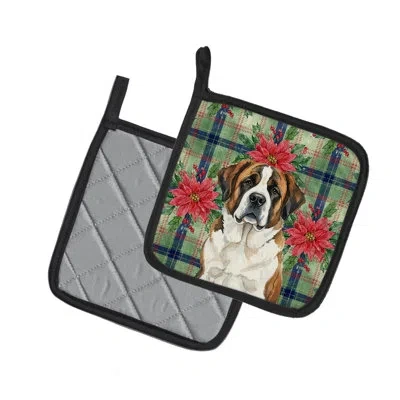 Caroline's Treasures Brindle And White Saint Bernard Christmas Poinsettas Pair Of Pot Holders In Multi