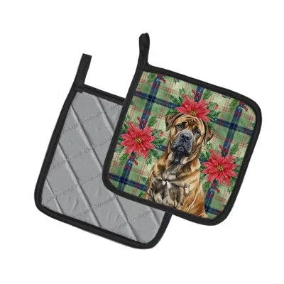 Caroline's Treasures Brindle Boerboel Christmas Poinsettas Pair Of Pot Holders In Multi
